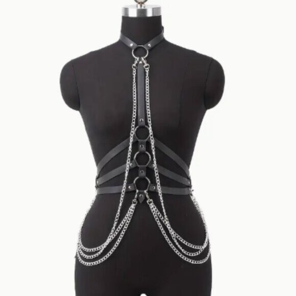 PU Leather Draped Layered Chain Choker Harness - Picture 1 of 6